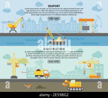 Harbor freight pickup crane and building construction tower crane flat horizontal banners set abstract isolated vector illustration Stock Vector