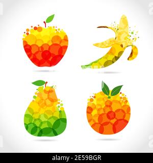 Set of fruits. Logotype concept. Сoloured fruit logo, t shirt idea with bubbles on white background. Isolated abstract graphic design template. Organi Stock Vector