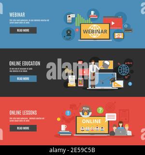 Online education flat horizontal banners with online lessons and  webinar decorative icons vector illustration Stock Vector