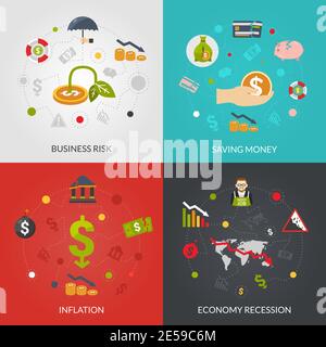 Financial crisis 4 flat Icons composition poster with inflation and recession business risks abstract isolated vector illustration Stock Vector