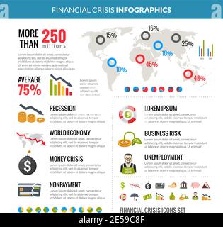 World global financial crisis and business risk reduction in recession statistic analysis with diagrams infographics layout vector illustration Stock Vector