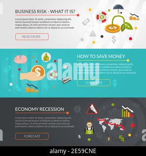 Financial crisis 3 flat interactive horizontal banners for  online currency exchange rates forecast abstract  isolated vector illustration Stock Vector