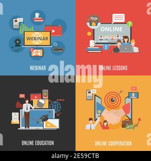 2x2 flat design concept set of webinar online education and online cooperation compositions flat vector illustration Stock Vector