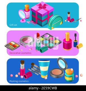 Cosmetics horizontal banners set with decorative make-up products isolated vector illustration Stock Vector
