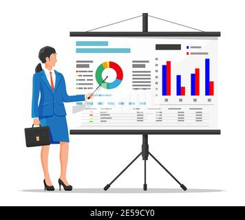 Businesswoman in suit giving presentation with projector screen. TV screen with financial report and lecturer. Training staff, meeting, report, business school. Vector illustration in flat style Stock Vector