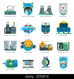 Energy production flat icons set with fuel and electricity manufacturing isolated vector illustration Stock Vector