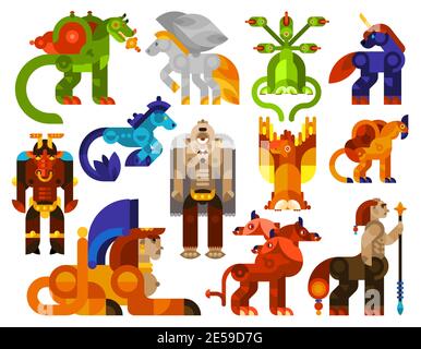 Mythical creatures icons set with legendary monster animals flat isolated vector illustration Stock Vector