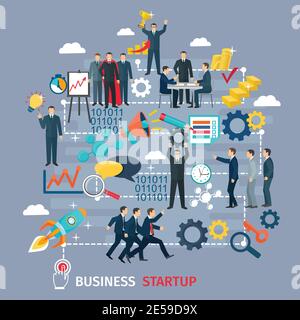 Business startup concept with target and success symbols on grey background flat vector illustration Stock Vector