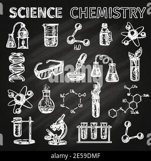 Chemistry of icons set. Chalkboard with elements, formulas, atom, test ...