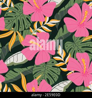 Tropical seamless pattern with colorful leaves, monstera leaves and hibiscus flower. Floral hand drawn seamless pattern perfect for textiles, fabrics Stock Vector