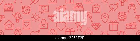 Valentines day background with love related icons: hot air balloon, heart shape, gift box, diamond, bed, lock, letter, message box and others. Vector Stock Vector