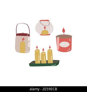 Cute candle icon set. Flat colored doodle illustration Stock Vector