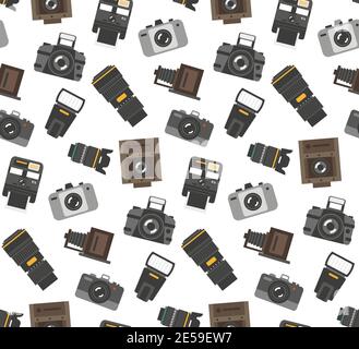 Gifts and gear for photographers wrap paper seamless pattern with modern and retro camera accessories vector illustration Stock Vector