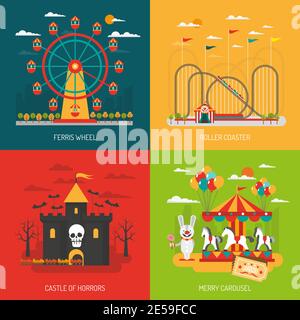 Funfair design concept set with children and family attraction flat icons isolated vector illustration Stock Vector