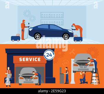 Auto mechanic garage service  2 flat banners set with car maintaining and renovation abstract vector isolated illustration Stock Vector