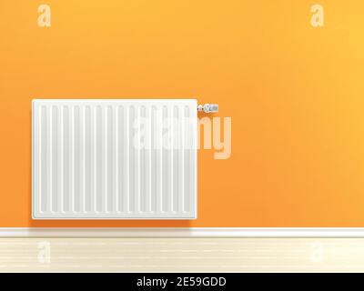 Realistic white heating radiator on orange room wall vector illustration Stock Vector