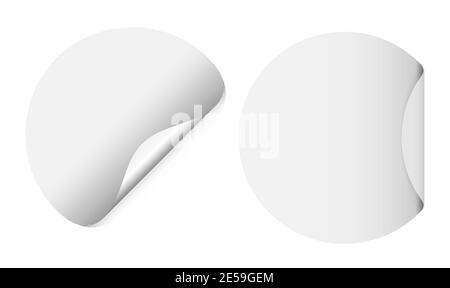 Round white sticker mockup. Circle stickers blank with curl corner, adhesive paper mock up. Circular post note sheet with fold, realistic sale sign el Stock Vector