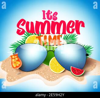 Summer time vector banner background. It's summer time text in beach island  sand with tropical season elements like palm tree, sunglasses and lifebuoy  Stock Vector Image & Art - Alamy