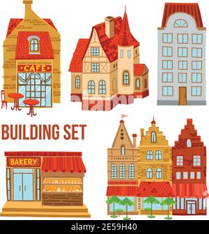 Old town flat buildings set with cafe bakery and hotel isolated vector illustration Stock Vector