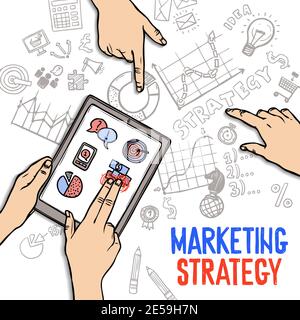 Marketing strategy concept with hands holding tablet and sketch business symbols vector illustration Stock Vector