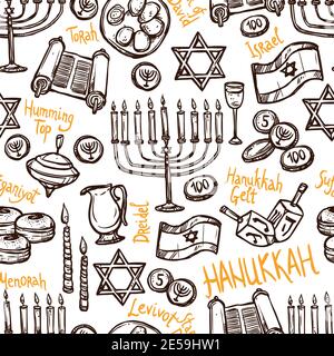 Hanukkah seamless pattern with hand drawn menorah torah and traditional food vector illustration Stock Vector