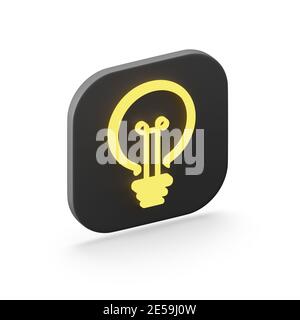 The icon is a stylized flat yellow light bulb, a black square button. 3D rendering Stock Photo
