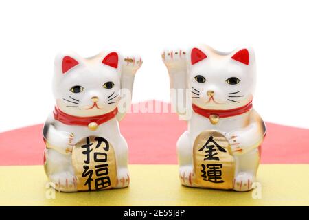 Japanese lucky cat on white background, Japanese word of this photography means 'blessing, economic fortune' Stock Photo