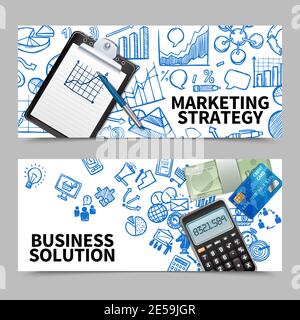 Marketing strategy and business solution horizontal banner set isolated vector illustration Stock Vector