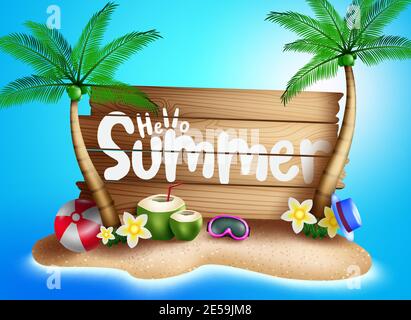 Hello summer vector concept design. Hello summer text in wood canvas and beach island background with tropical season element like palm trees. Stock Vector