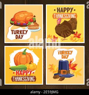 Thanksgiving day greeting cards set with traditional symbols and turkey ...