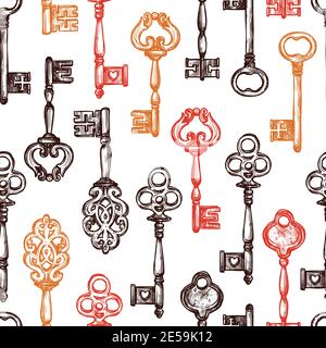 Vintage old style decorated keys hand drawn seamless pattern vector illustration Stock Vector