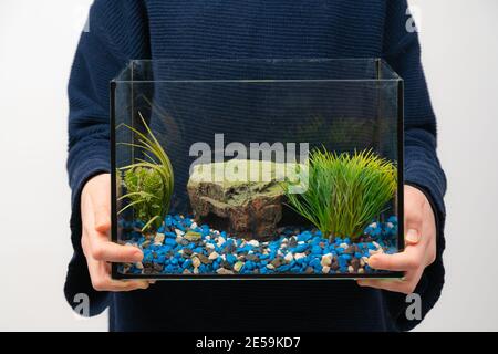 Person holding fish tank aquarium with no water and fish on white background. Fist pet. Stock Photo