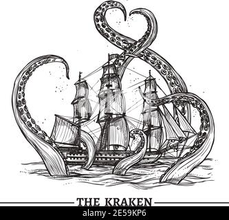 Giant octopus catches old style sail ship hand drawn vector illustration Stock Vector