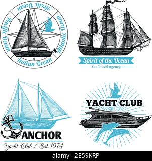 Marine labels set with hand drawn sail ships and cruise yacht isolated vector illustration Stock Vector