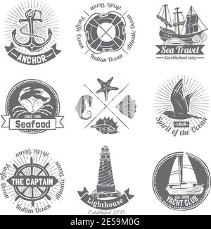 Nautical labels set with seafood and yacht club emblems isolated vector illustration Stock Vector