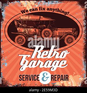 Vintage car service emblem design with hand drawn auto vector illustration Stock Vector