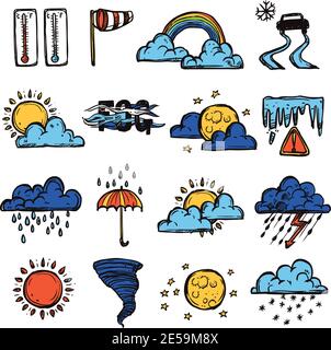 Weather forecast symbols color decorative hand drawn icons set isolated vector illustration Stock Vector