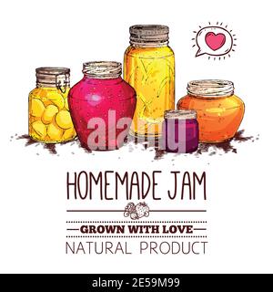Homemade jam poster with hand drawn glass jars set vector illustration Stock Vector