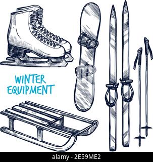 Sketch winter sport objects with hand drawn ski sled and snowboard isolated vector illustration Stock Vector