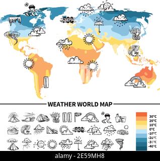 Meteorology design concept with sketch weather forecast symbols on world map vector illustration Stock Vector