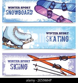 Winter sport horizontal banner set with snowboard skating and skiing isolated vector illustration Stock Vector