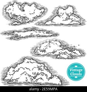 Hand drawn pencil engrave clouds icons set isolated vector illustration Stock Vector