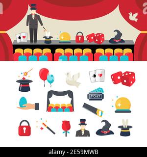 Magician icons flat set with magic show equipment isolated vector illustration Stock Vector