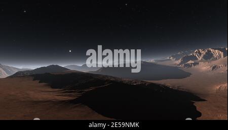 Night on Mars. Martian surface and dust in the atmosphere. 3d rendering Stock Photo