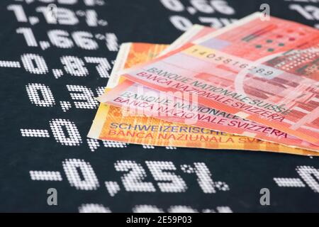 Money Swiss Francs and the stock exchange in Switzerland Stock Photo