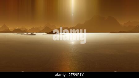 Ionosphere of Titan. Titan surrounded by Saturn's magnetic field. 3d rendering Stock Photo