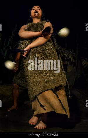 A Maori woman in traditional costume mimics anger during a Matariki ...