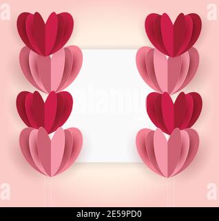 Valentines Day Background Vector Illustration. Hearts in paper cut style. Happy Valentine's Day  message card with blank space on a pink background. Stock Vector