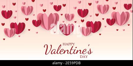 Happy Valentines Day Background Vector Illustration. Happy Valentine's Day message red and pink hearts on a pink background. Hearts in paper cut style Stock Vector