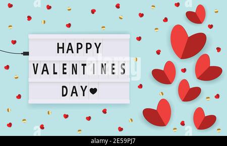 Happy valentine day vector illustration on blue background. Valentine's day banner with lightbox and hearts vector. Happy valentines day text. Stock Vector